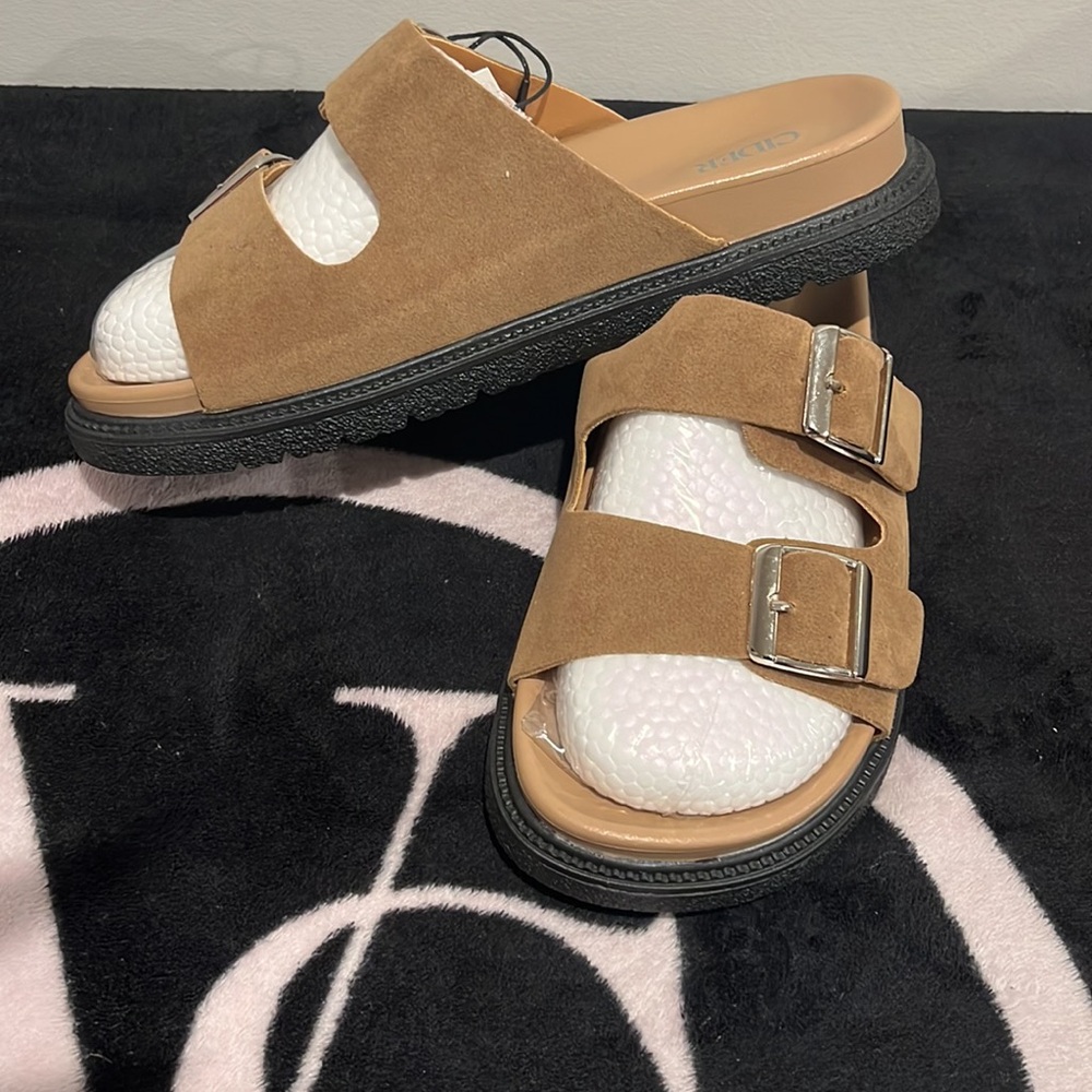 Tan Brown Double Band Buckle Slippers / Slides | CIDER